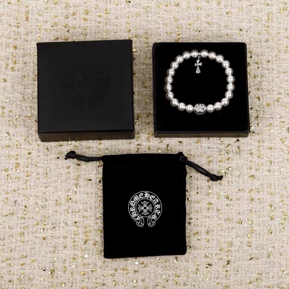 Chrome Hearts x Mikimoto Chic Silver Pearl Bracelet with Cross Accent